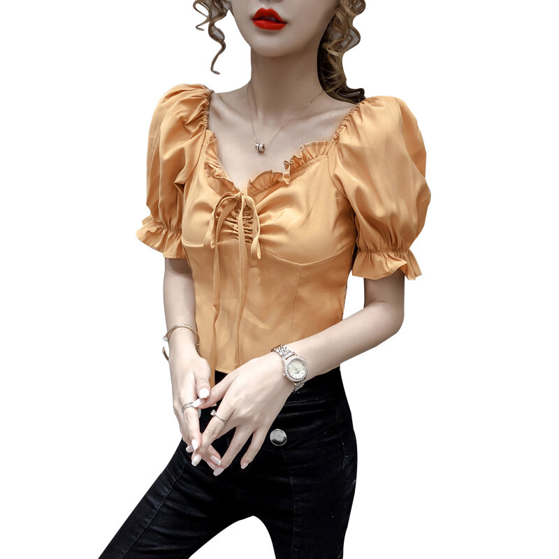 COIGARSAM Francese di Stile camicetta delle Nuove donne di Estate Del Collare Del Quadrato blusas delle donne top e camicette Arancione Bianco Viola 6883A