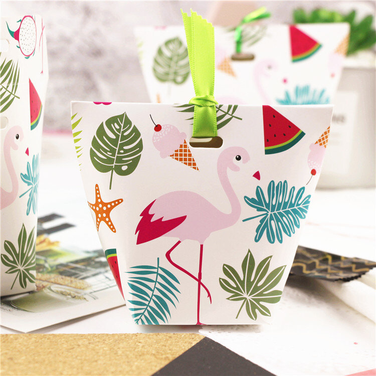 20pcs Gift Box Summer Flamingo Watermelon Priniting with Ribbon Craft Paper Box for Jewelry Candy Cookie Box