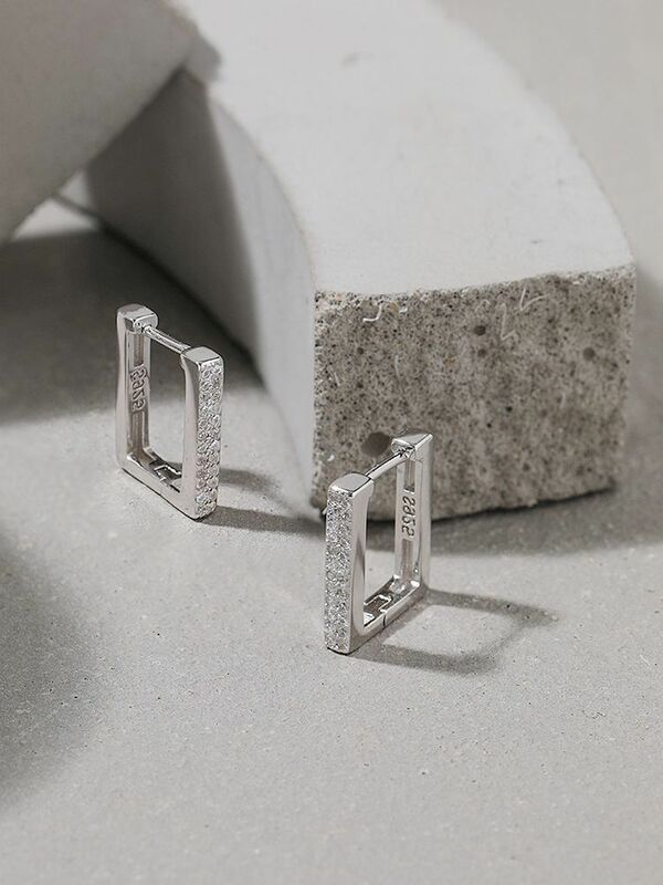 Ssteel aço retangular forma design brincos de argola simples zircão geométrico puro prata esterlina 925 para festa feminina jóias