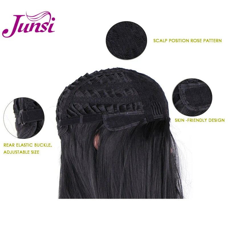 Pelucas largas y rectas JUNSI, peluca de mujer de Color negro Natural Sintético de fibra de alta temperatura