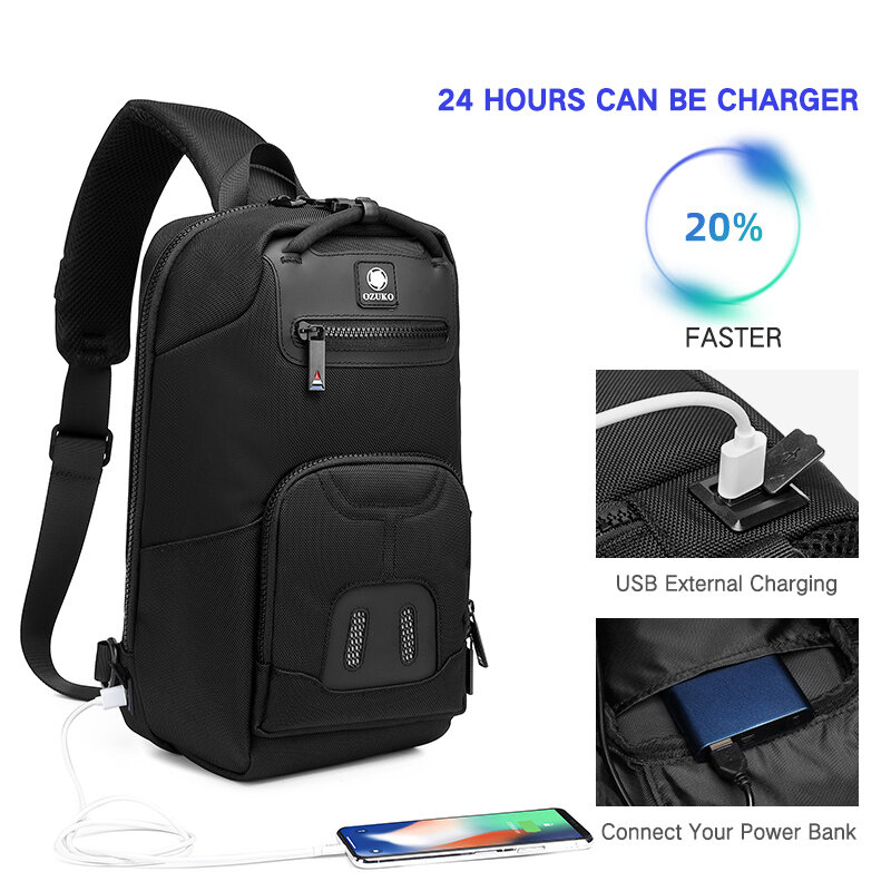 OZUKO กระเป๋าผู้ชายกระเป๋ากันน้ำสำหรับวัยรุ่นชายกระเป๋า Messenger ชาย USB Travel Crossbody กระเป๋า