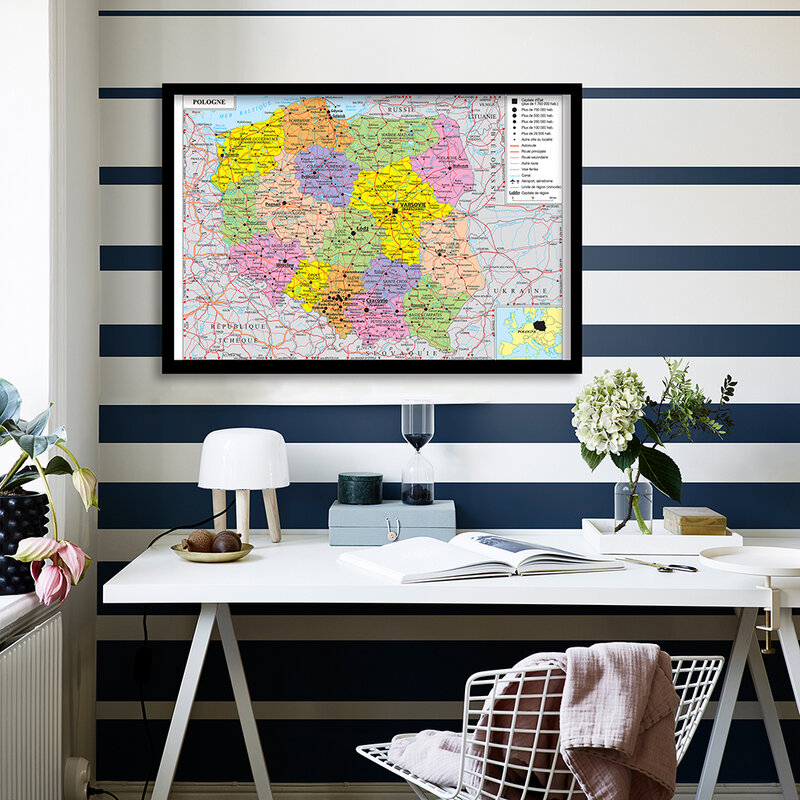 84*59cm a polónia mapa político em francês lona pintura da parede arte cartaz sala de estar decoração casa material escolar