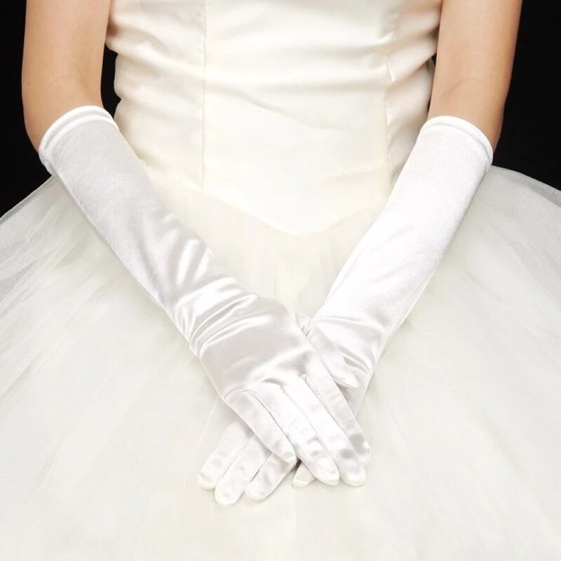 Sarung tangan pernikahan Satin panjang jari putih gading hitam aksesoris pernikahan