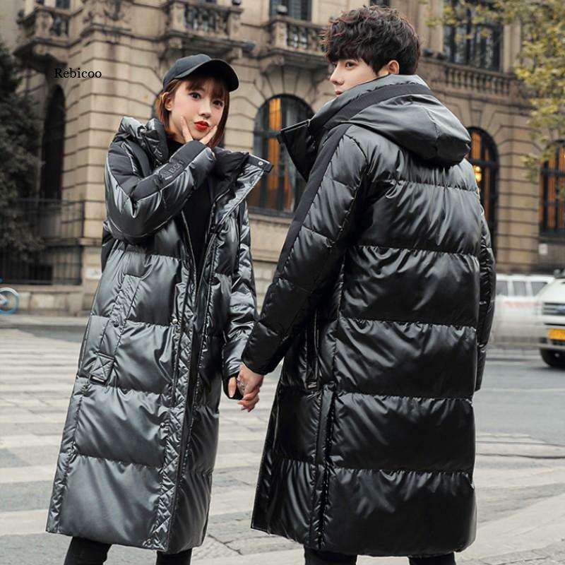 Inverno casal brilhante com capuz para baixo jaqueta masculina meados de comprimento engrossado quente streetwear novo unisex sobre-joelho sólida casual jaqueta amantes