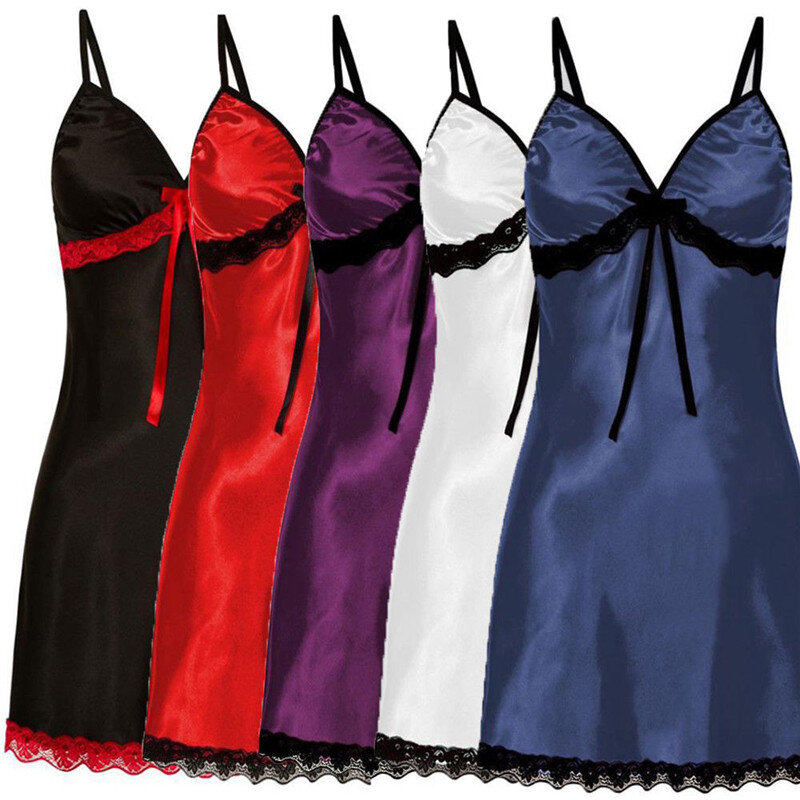 여성용 섹시한 란제리 수면 드레스, 레이스 실크 새틴 잠옷, 민소매 잠옷, 브이넥 잠옷