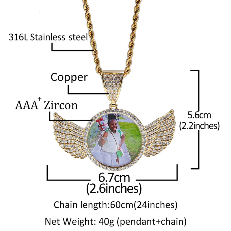 Tbck-colar com pingente personalizado, zircônia, nome gravado, redondo, hip-hop, jóias, asas de anjo, fundo