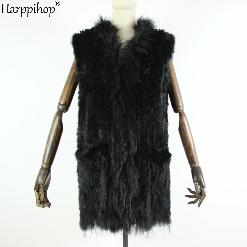 Chaleco de piel de conejo de punto para mujer, estilo largo de 80cm, Cuello de piel de mapache, decoración de bolsillo