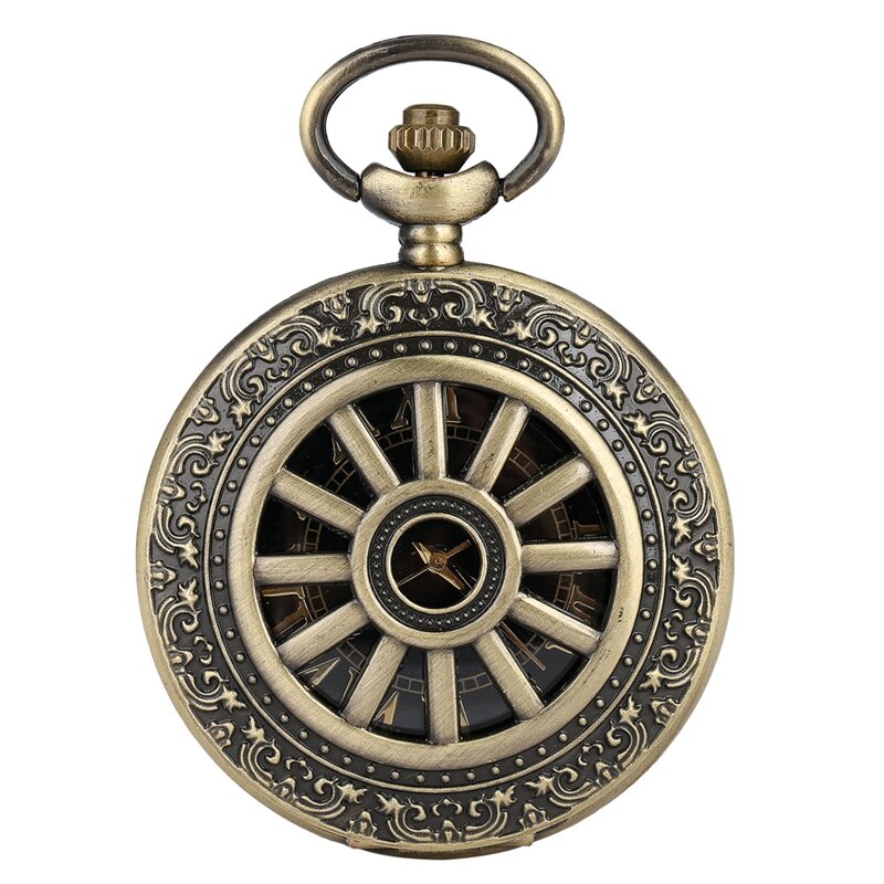 레트로 청동 중공 휠 기어 디자인 쿼츠 포켓 시계, 로마 숫자 다이얼 목걸이 펜던트 체인 골동품 시계 액세서리