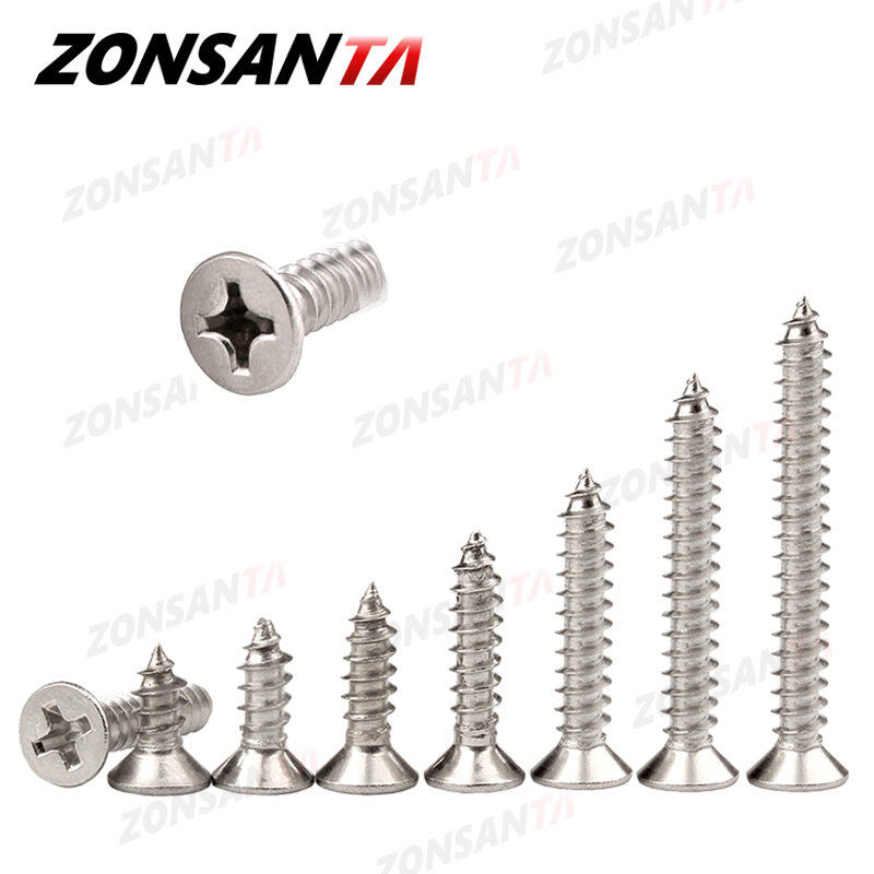 ZONSANTA-tornillos de cabeza plana avellanada para madera, M1.4, M1.7, M2, M2.3, M2.6, M3, M4, M5, M6 de acero inoxidable 304