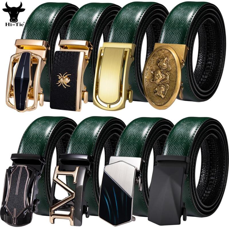 Cinturones de cuero de vaca verde de lujo para hombre, hebilla automática, pretina de alta calidad de trinquete, regalo occidental