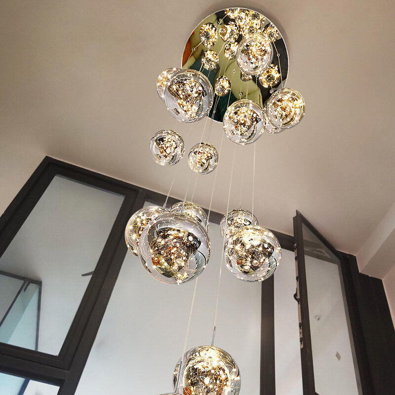 Candelabro de iluminación de escalera de espiral moderna, candelabro largo, sala de estar, villa, cocina, loft, bola de cristal, cadena LED