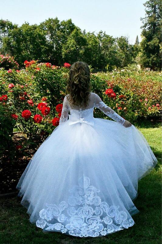 꽃 소녀 드레스 아름다운 거룩한 친교 드레스 레이스 긴 소매 페르시 푹신한 볼 가운 댄스 파티 드레스