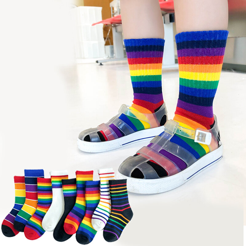 Calcetines hasta la rodilla para niño y niña, medias largas de algodón con diseño de arcoíris, a rayas, color blanco, accesorios para primavera y verano