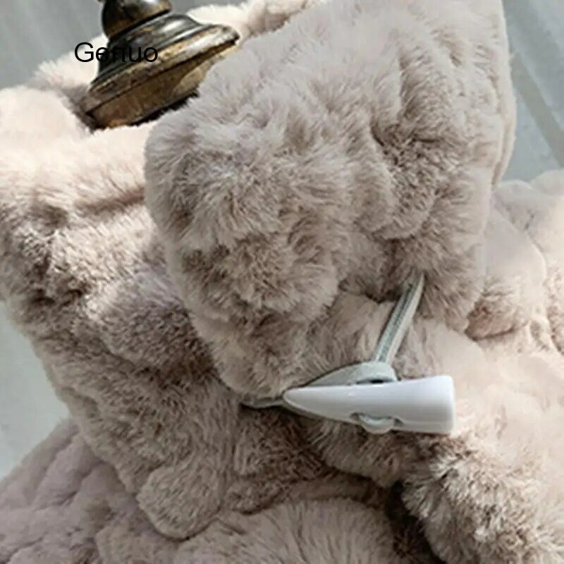 Abrigo de piel de conejo con hebilla de cuerno para mujer, abrigo de felpa suave con solapa, holgado, cálido, de invierno