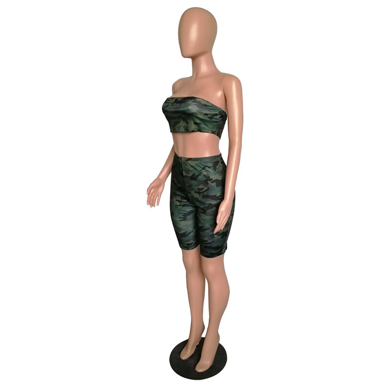 Conjunto de duas peças camuflado feminino, peça esportiva curta e camouflage com ombros de fora