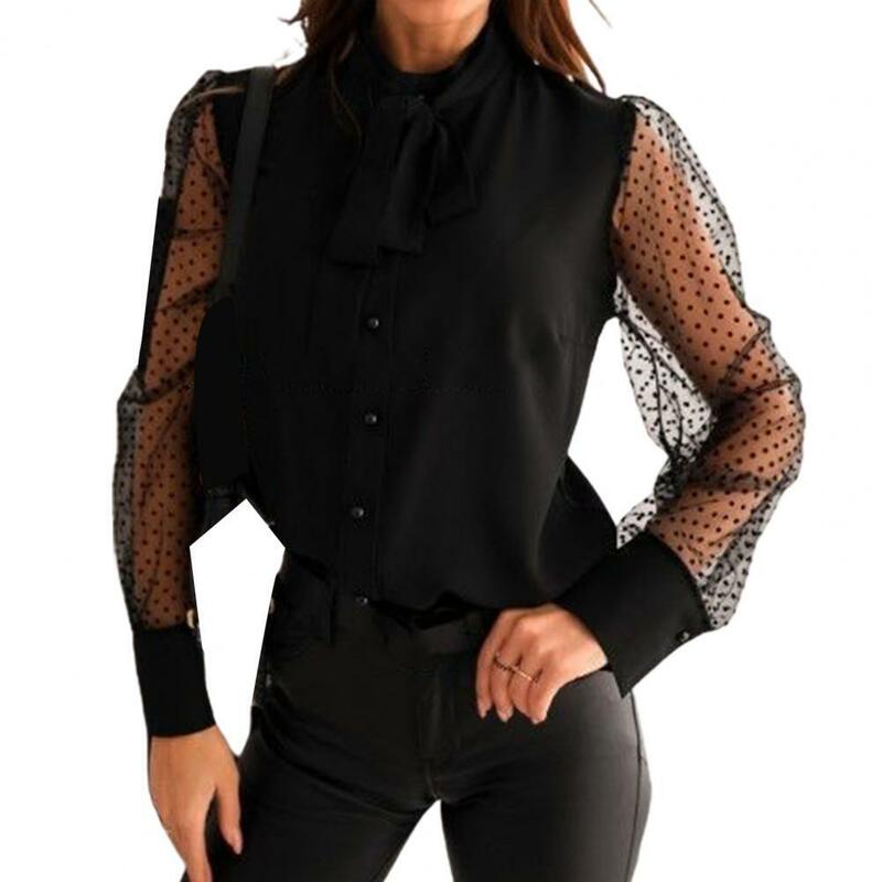 Женская прозрачная рубашка в горошек, сетчатая блузка с длинным рукавом, пуговицами и бантом, женская рубашка, Женский Топ
