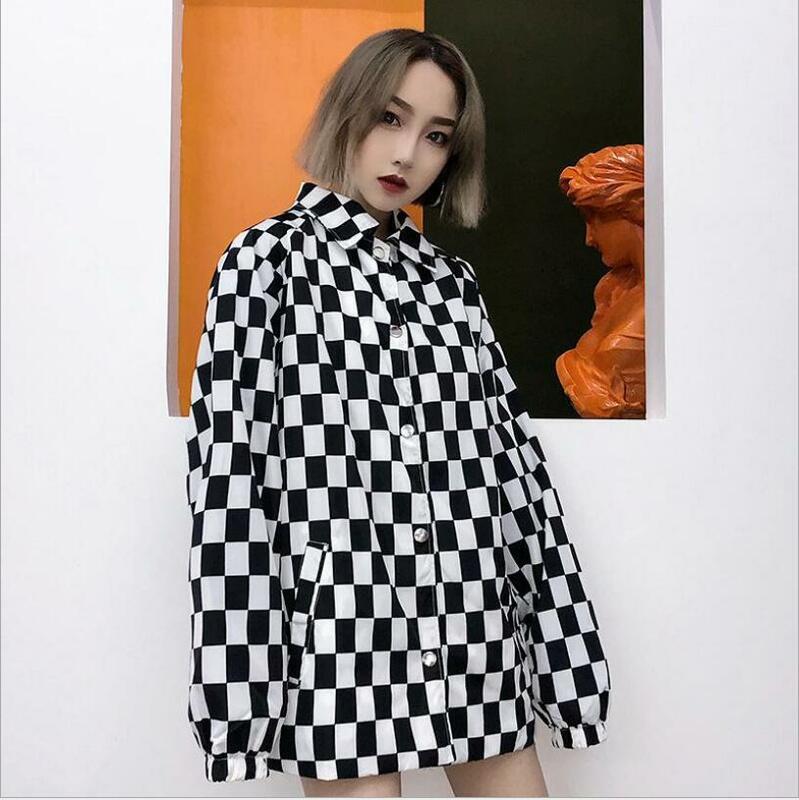Phụ Nữ Kẻ Sọc Checkerboard Quá Khổ Áo Sơ Mi Dài Tay Áo Kiểu Nữ Blusas Plus Kích Thước Áo Cổ Bẻ Dáng Rộng Cao Cấp
