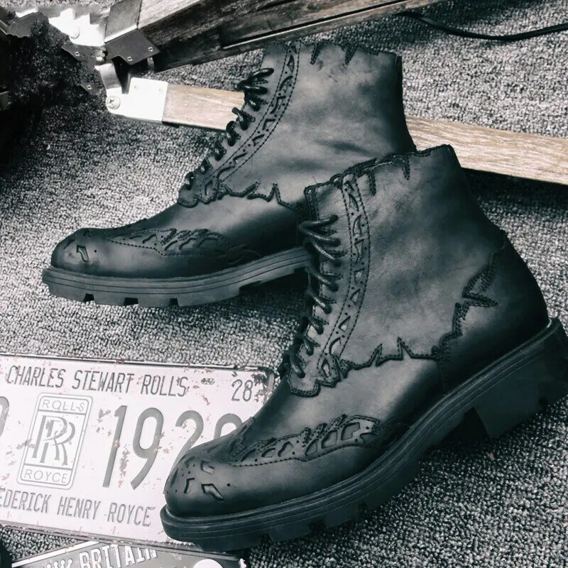 Negócios luxo brogue sapatos masculinos rendas até genuíno couro de vaca tornozelo inglaterra estilo inverno moda preto plataforma botas 39-44
