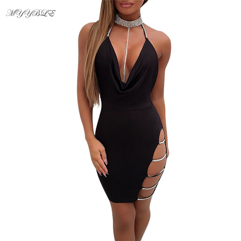 MYYBLE 2020, сексуальное Бандажное платье с v-образным вырезом, облегающее мини-платье с открытой спиной, Повседневное платье без рукавов, ночное платье