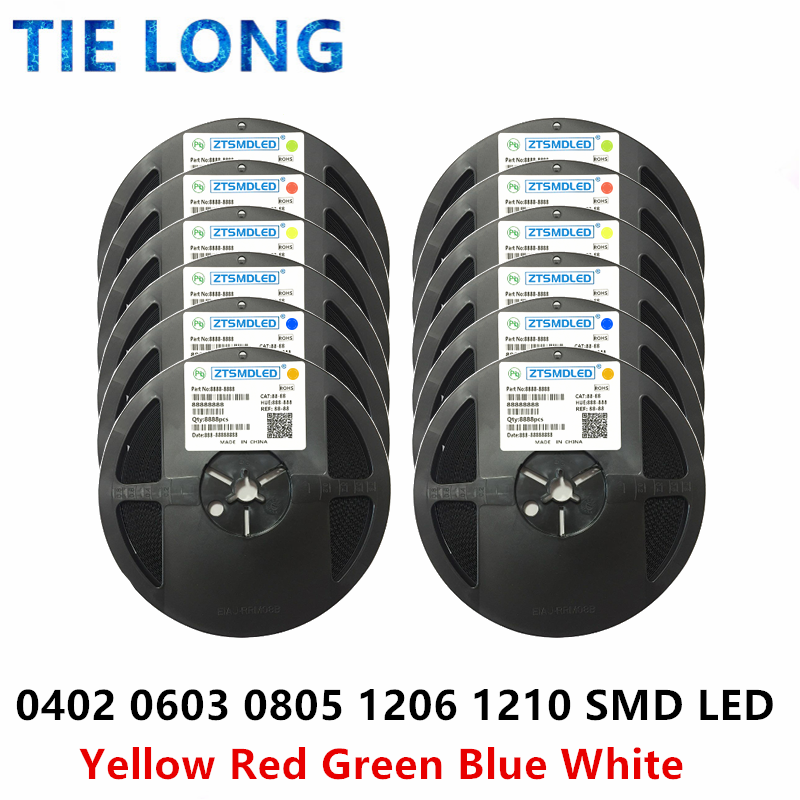 1 rolka 0402 0603 0805 1206 1210 diody LED SMD światło żółte czerwony, zielony, niebieski, biały 5000PCS 4000 sztuk 3000 sztuk 2000 sztuk