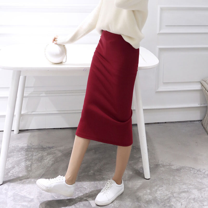 Женская трикотажная юбка-карандаш, облегающая юбка средней длины с разрезом, весна-лето 2021