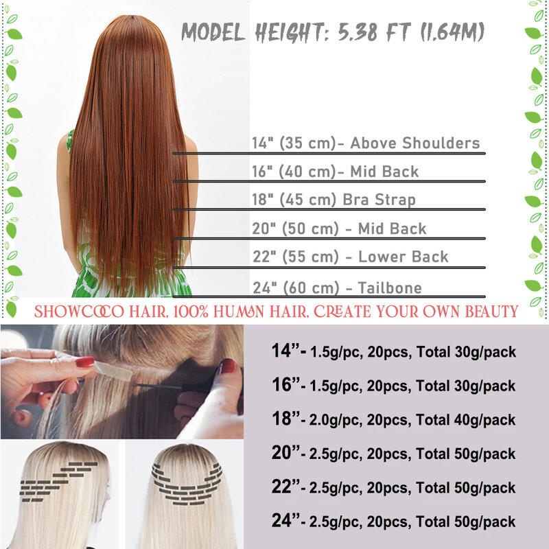 ShowCoco Tape In Human Hair Extensions 100% Human Hair 12"-24" Adhesive Replaceable Tape 20/40pcs Straight Hair