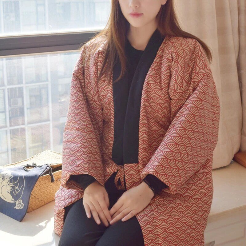 ผู้หญิงฤดูหนาว Kimono เสื้อคลุมฮาโอริผ้าฝ้ายหนาหนาเบาะฤดูใบไม้ร่วงลำลองหญิงสีทึบหลวม Overcoat M2117
