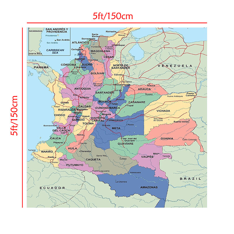 150*150 cm In Spanish Colombia Map with Detailed Provinces Non-woven Canvas Painting Wall Poster Home Decoration Study Supplies