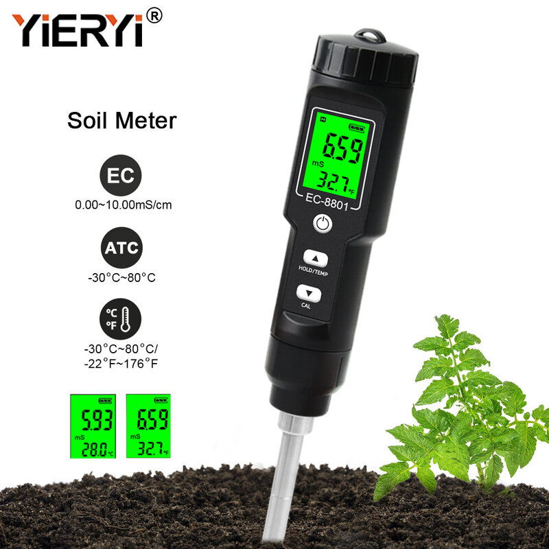Yieryi Solo Tester Ferramentas, Tester Solo, Hand Digital Garden Meter, vasos de plantas, jardinagem, Agricultura Farm, CE, TEMP, 0-10.00 MS/cm