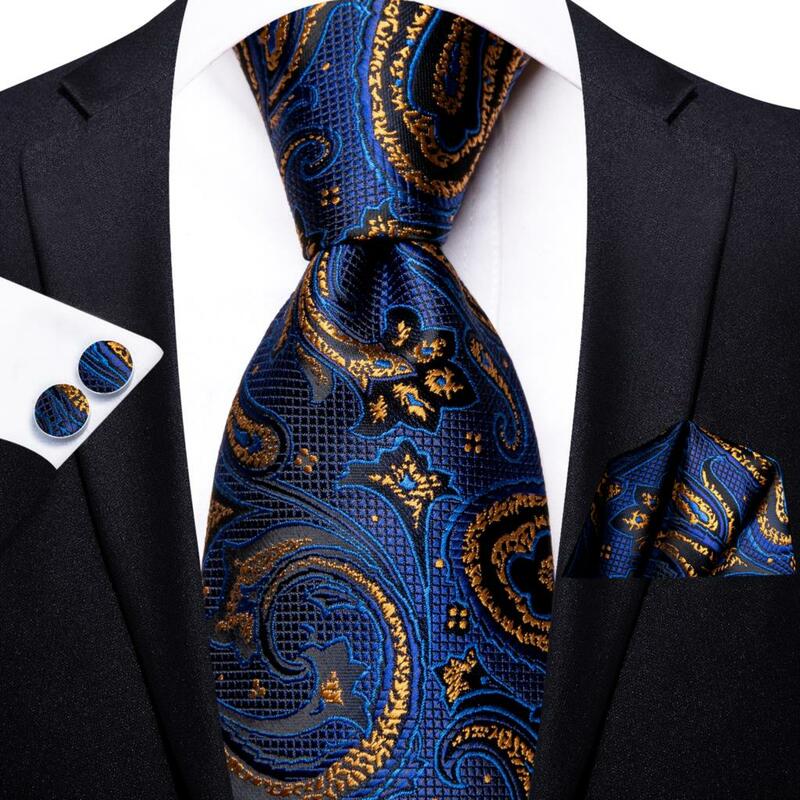Hi-Tie-corbatas de seda de cachemir para hombre, conjunto de corbata de diseño azul marino dorado, gemelos a mano, regalo de boda, moda de negocios, envío directo