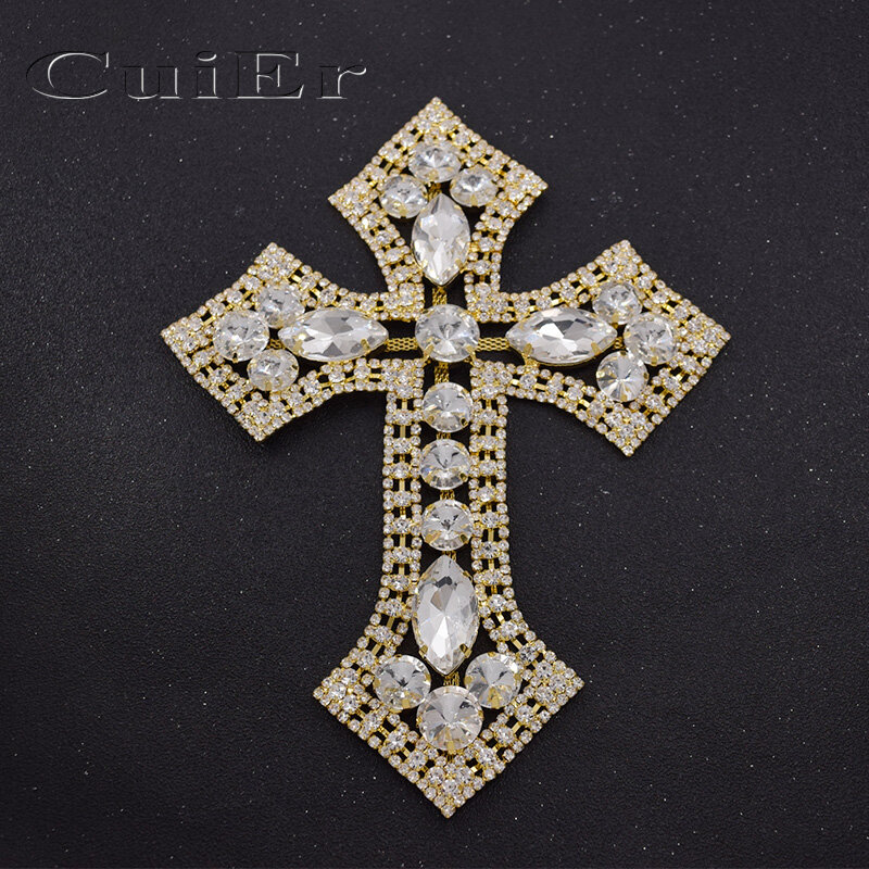CuiEr 1 sztuka świecący duży rozmiar krzyż aplikacje do naszywania dżetów kryształowe złoto szkło akcesoria DIY szyć na dekoracje