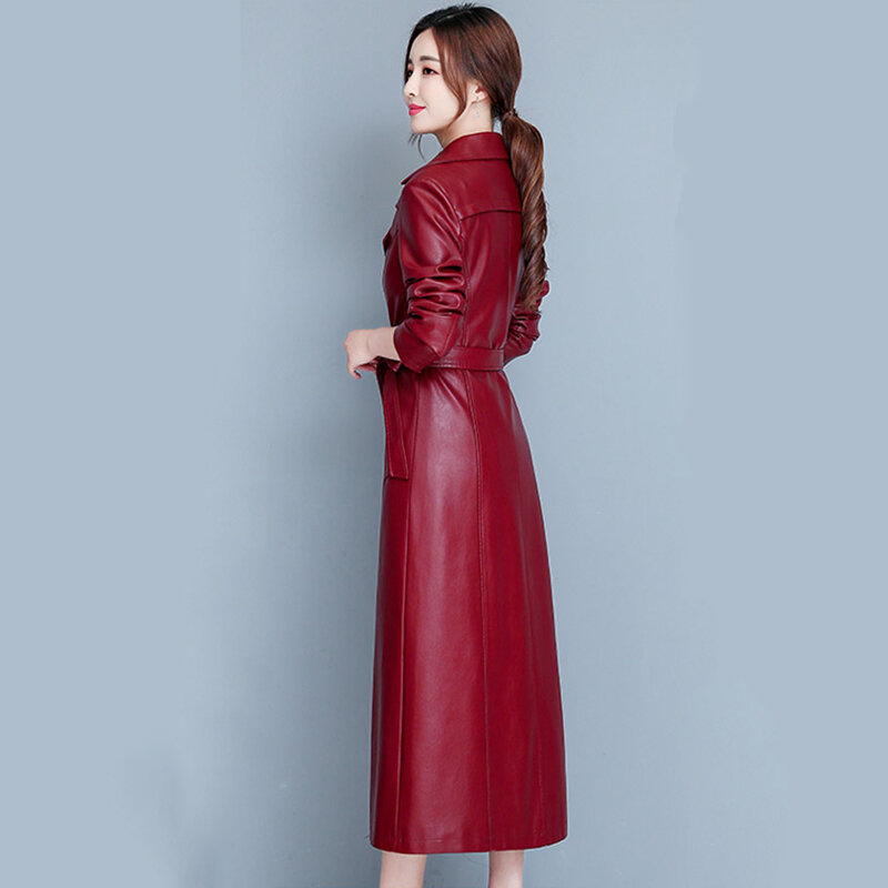 M-7XL 새로운 두꺼운 양가죽 코트 여성 가을 겨울 년 패션 모피로 된 옷깃 더블 브레스트 플러스 코튼 라이너 날씬한 긴 가죽 코트