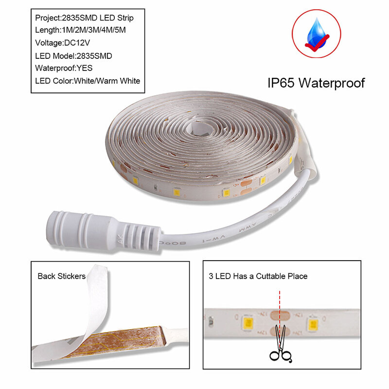 Wireless PIR Motion Sensor LED Strips Under Cabinet Lights 12V Warm White Waterproof Wardrobe Closet Kitchen LED Tape Night Lamp