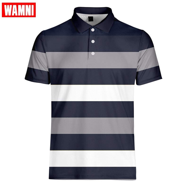 Wamni esporte 3d tênis de secagem rápida t camisa badminton casual geométrico turn-down colarinho masculino streetwear listrado-camisa