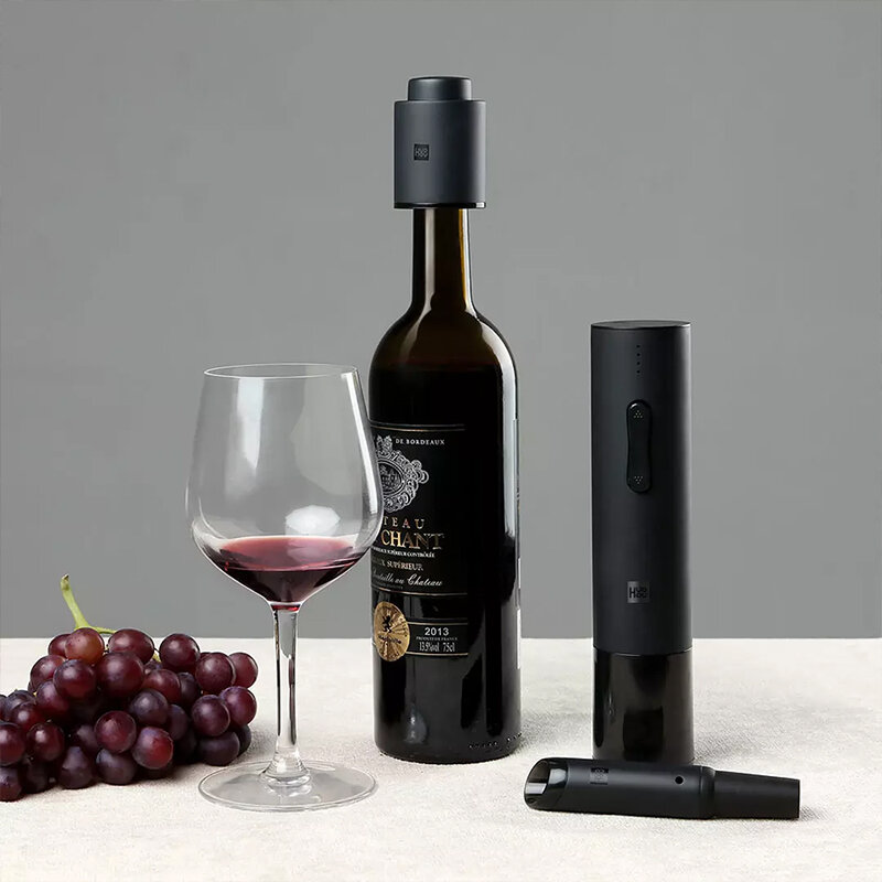 Huohou ที่เปิดขวดไวน์อัตโนมัติสีแดงชุดจุกขวดอุปกรณ์เปิดขวดไวน์ไฟฟ้าสว่านจุกฟอยล์ที่ตัดจุกไม้ก๊อกออก