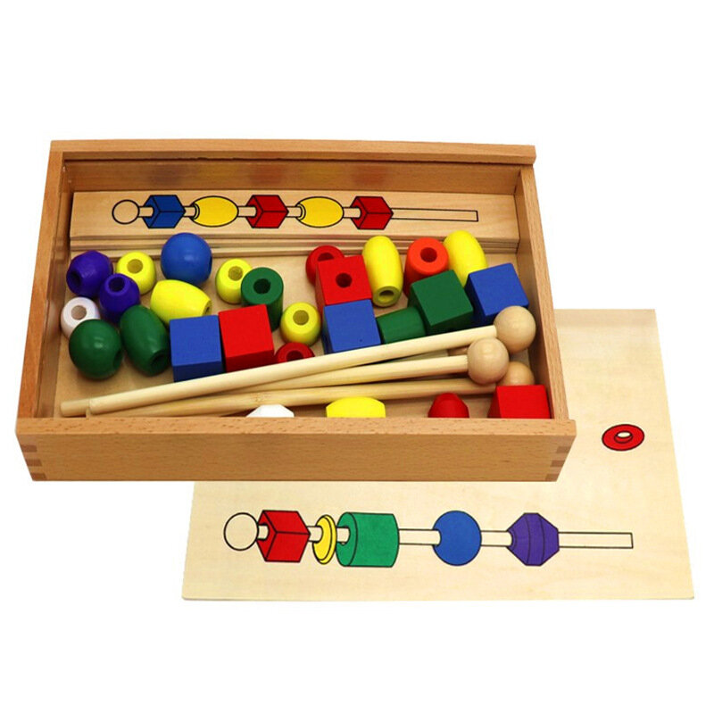 Montessori-Juego de 3 cuentas de madera para enseñanza, set de cuentas de madera grandes de seis colores con cuentas de jardín, colores y formas temprana de jardín, juguetes cognitivos