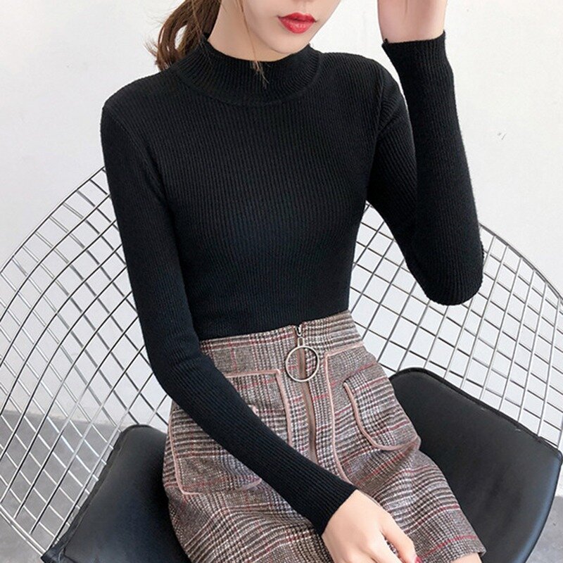 Suéter ajustado de cuello alto para mujer, Jersey informal de manga larga, ropa de primavera, 2020