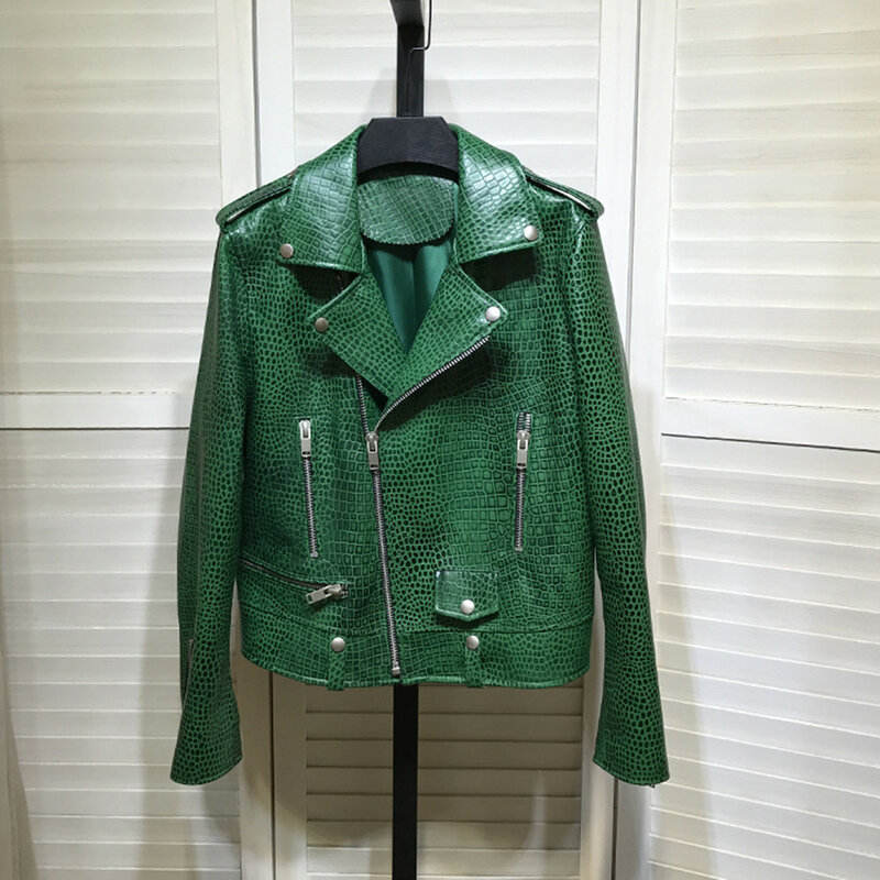 Vestes de motard en cuir véritable imprimé alligator pour femmes, manteau en peau de mouton, haute qualité, nouveau créateur, automne, C716