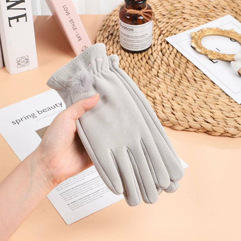 Women Winter Plus Velvet Thicken Keep Warm Touch Screen Cute Soft Mittens Gloves Hairball Embroidery Elegant Cycling Driving