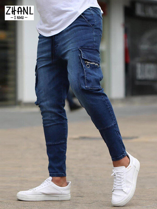 Nuovi pantaloni da uomo con cerniera Multi tasca Jeans pantaloni a matita pantaloni da uomo Slim Hip-Hop nero blu pantaloni da Jogging maschili in Denim Streetwear