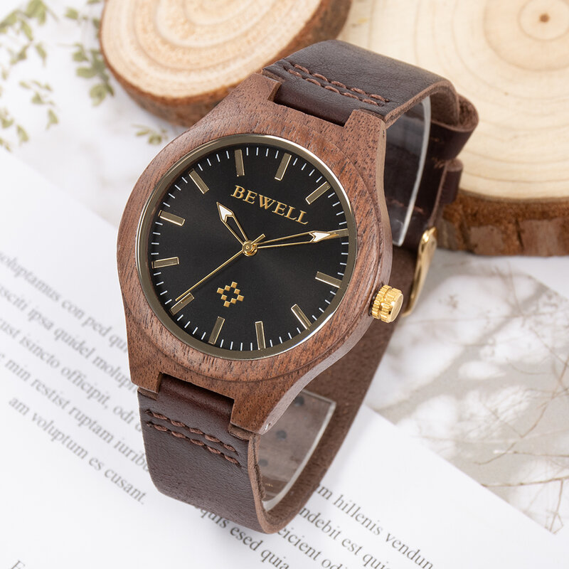 BEWELL Retro mężczyźni kobiety drewniany zegarek z prawdziwej skóry zegarek kwarcowy z drewna