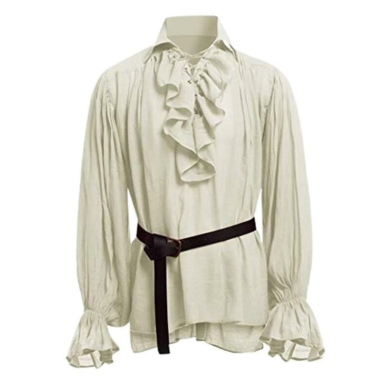 Camisa de manga longa fofa vintage masculina, renascimento medieval, tops de atadura com laço, calça masculina e cinto, fantasia larp, nova