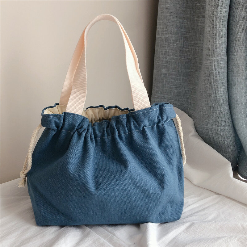 Bolso pequeño portátil para mujer, bolsa de almuerzo de algodón 2020 de Color sólido, con cordón, de lona gruesa, con asa superior