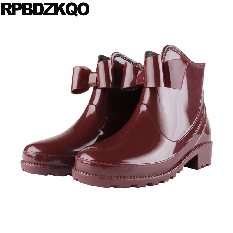 Chunky Wine Red Winter Ankle Rainboots Shoes Candy Rain Boots Kawaii Pvc Jelly Waterproof Fur Women Rubber Booties Girls Bow