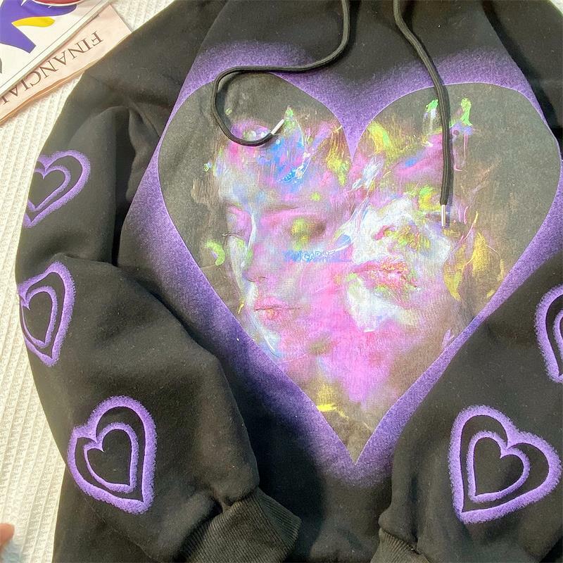 Grunge Goth Heart Y2K Harajuku Hoodie Wanita Ukuran Besar Kaus Gambar Grafis Atasan Pullover Wanita Bertudung Lengan Panjang Musim Gugur