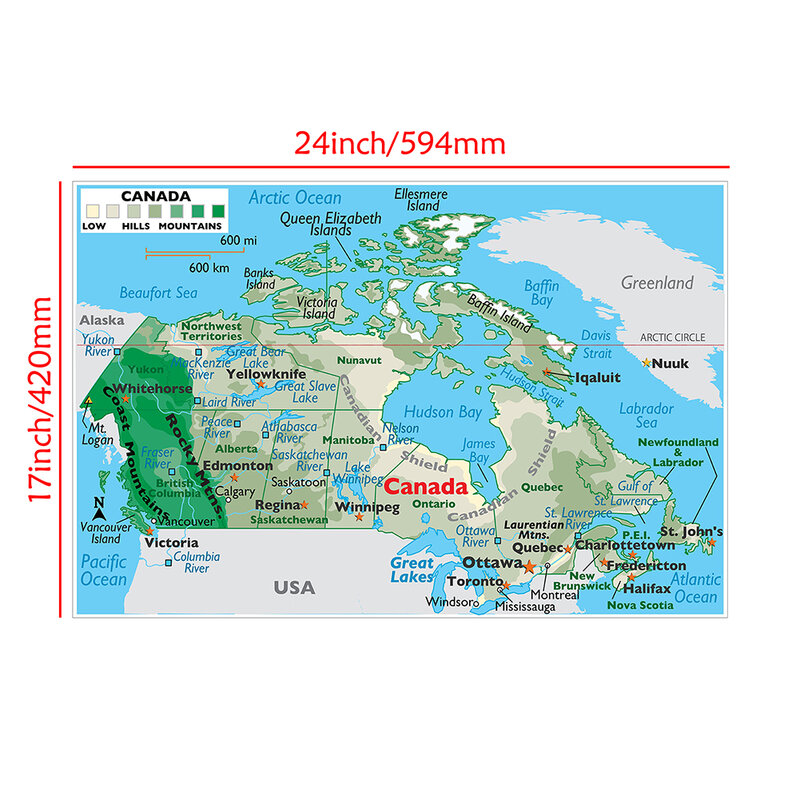 Mapa del terreno de Canadá, póster de arte de pared de tamaño pequeño, pintura de lienzo, suministros escolares de viaje, decoración del hogar para sala de estar, 59x42cm