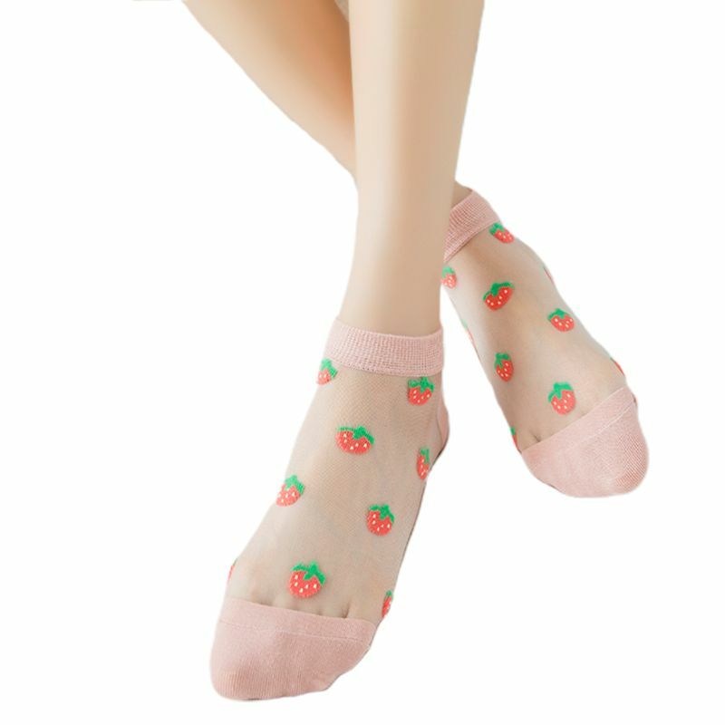 5 Pairs Women Transparent Crystal Fiber Boat Socks Cute Watermelon Fruit Jacquard Summer Ultra-Thin Invisible Hosiery