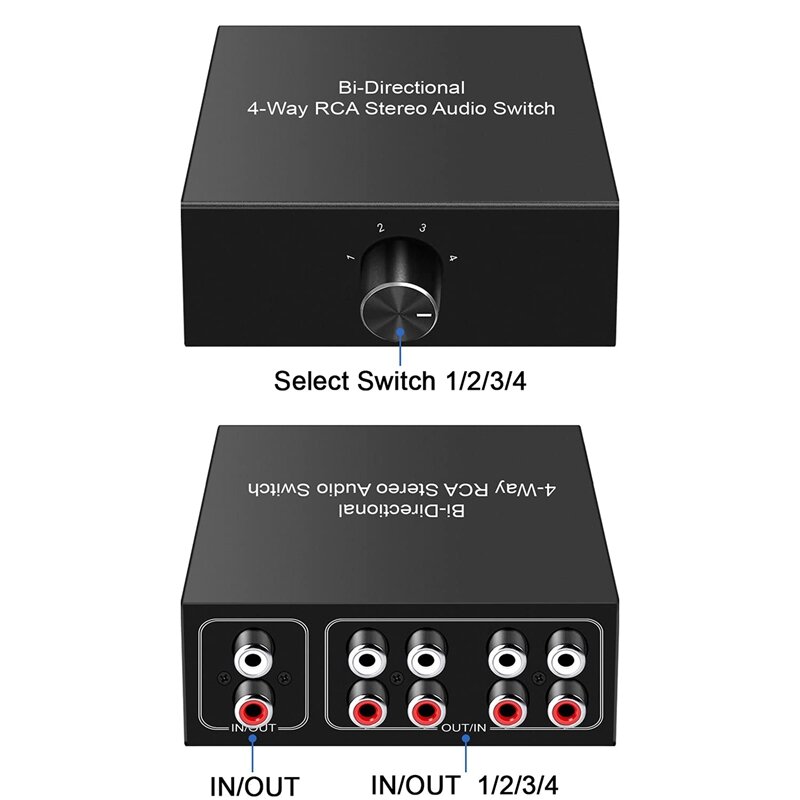Switcher audio bidirecional estereofônico de 4 vias l/r do canal de som, 1 em 4 para fora/4 em 1 para fora, divisor audio do interruptor para o orador