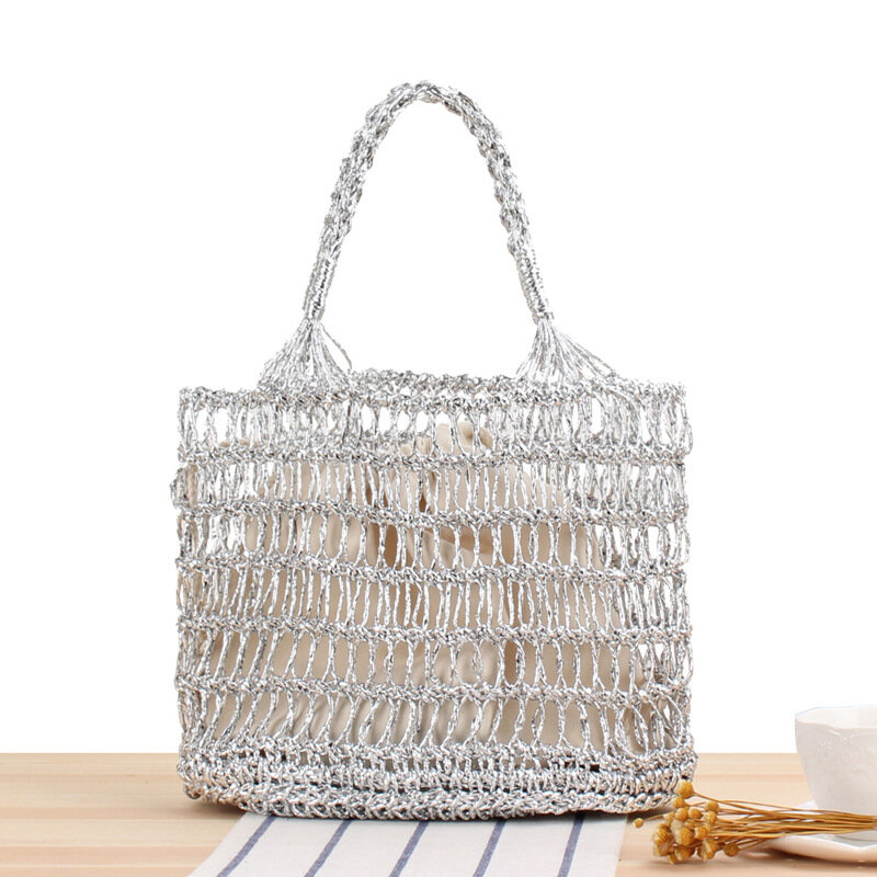 Metallicyarn透かし彫りバッグ、手編み、流行のビーチポータブル麦わら織りバッグ