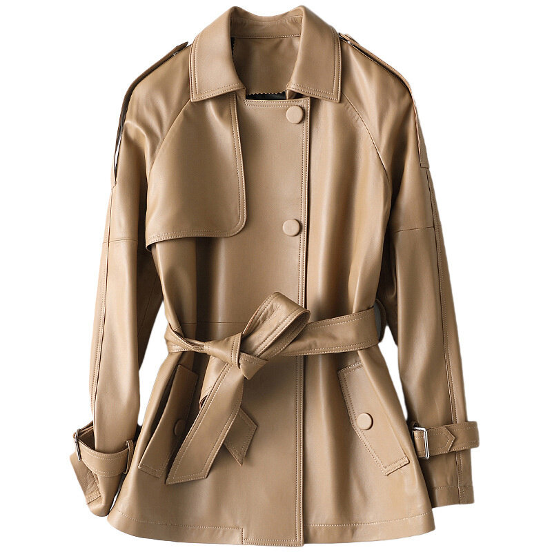 女性の本革のジャケット,柔らかいシープスキンの女性の秋のコート,カジュアルでスタイリッシュな英国のジャケット,特大のトレンチ